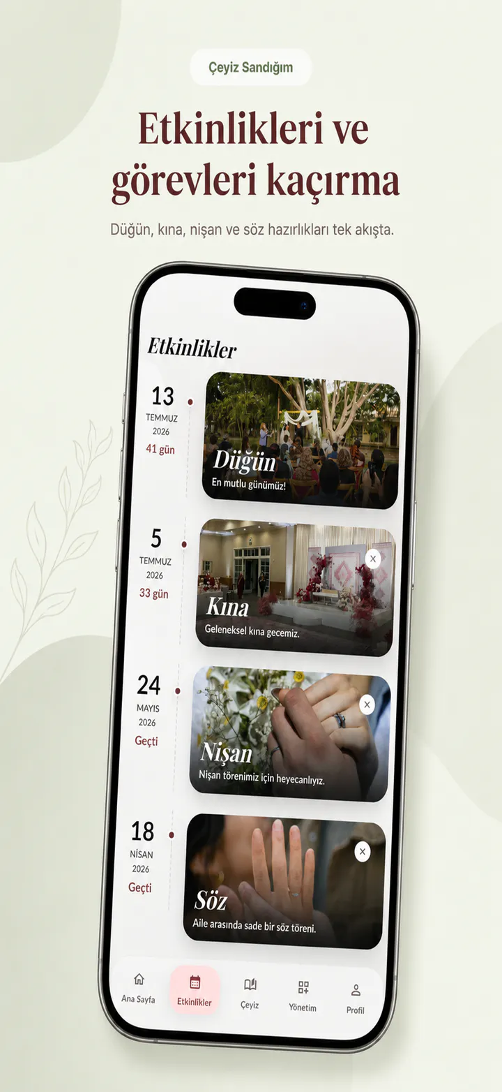 Düğün, kına, nişan ve söz hazırlıklarını zaman çizelgesinde gösteren Etkinlikler ekranı